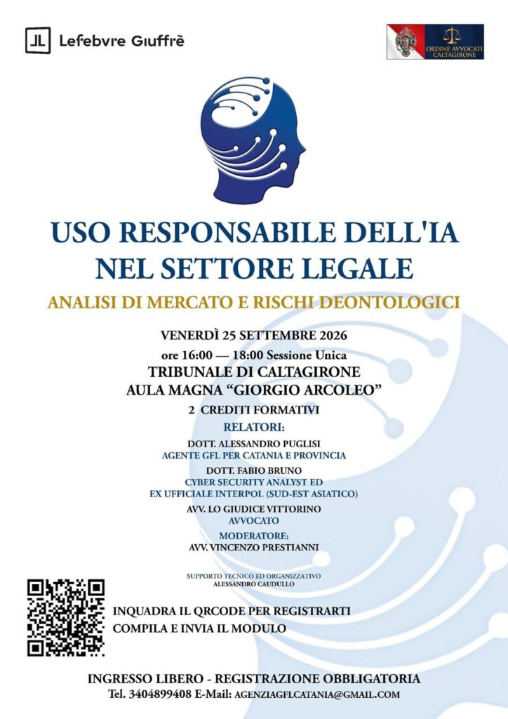 Evento in presenza: “Uso responsabile dell’IA nel settore legale: analisi di mercato e rischi deontologici”